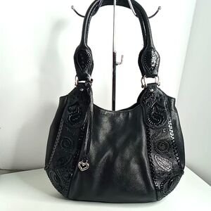 Brighton-Melania - Black Leather Hobo Shoulder Bag w/Patent Paisley Accents-